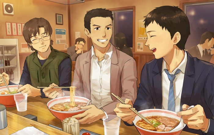 Kensuke Aida, Toji Suzuhara, and Shinji Ikari eating ramen