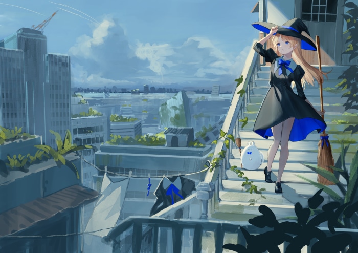 Witch with broom and companion in city 4K