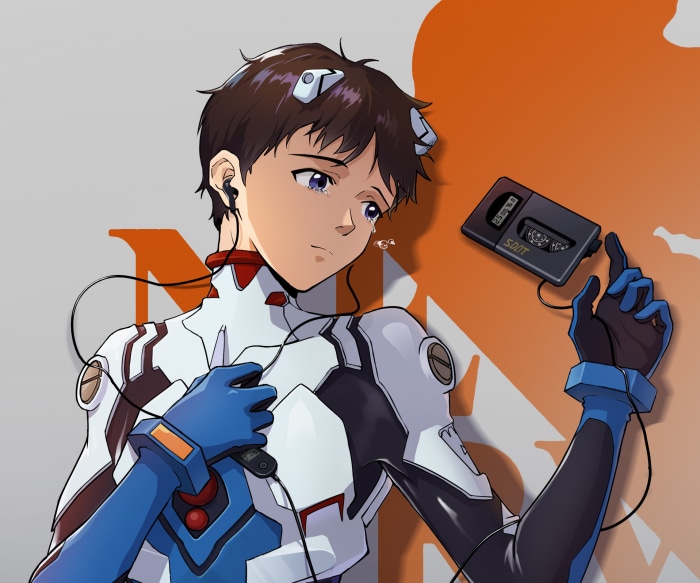 Shinji Ikari from Neon Genesis Evangelion with a Walkman