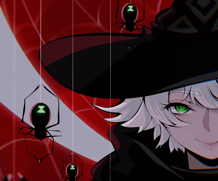 Anime character with spiders and red background