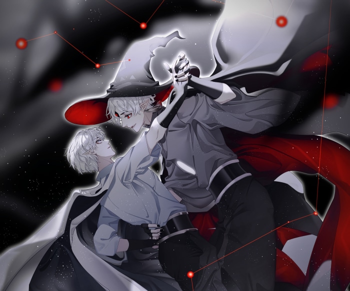 Two male vampires dancing under constellations