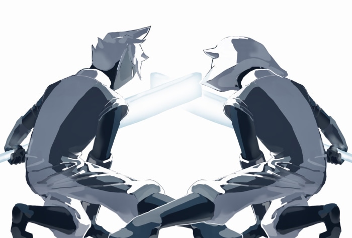 Two figures with glowing swords facing each other