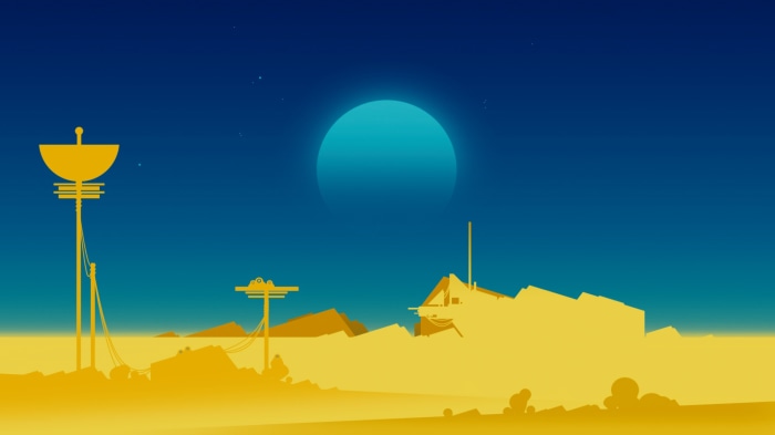 Minimalist Sci-Fi Landscape with Satellite Dish and Structures