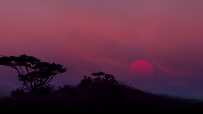 Sunset over African savanna with acacia trees