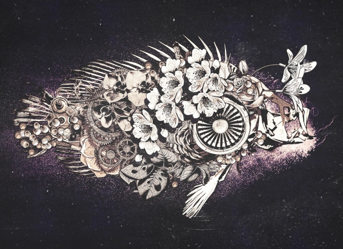 Steampunk fish made of flowers and gears
