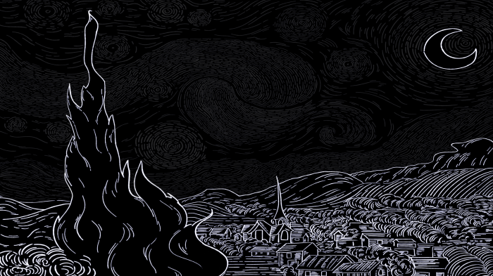 Minimalist Black and White Starry Night Landscape with Town