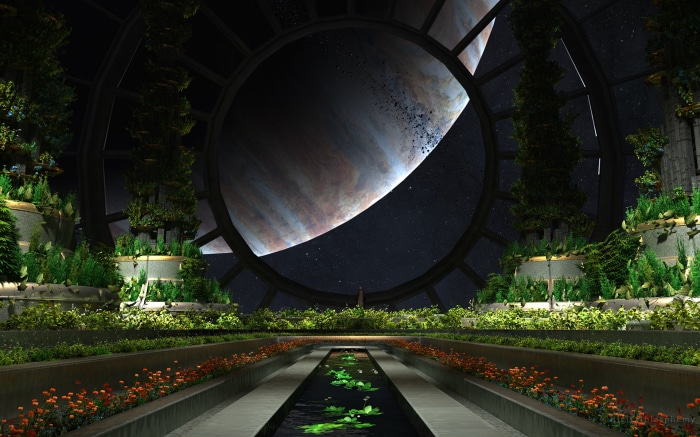 Futuristic biodome with Jupiter visible through window