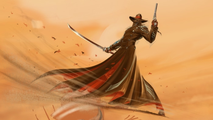 Man with katana and pistol in desert