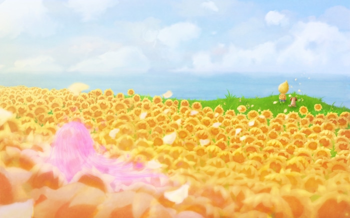 A character and a dog in a sunflower field