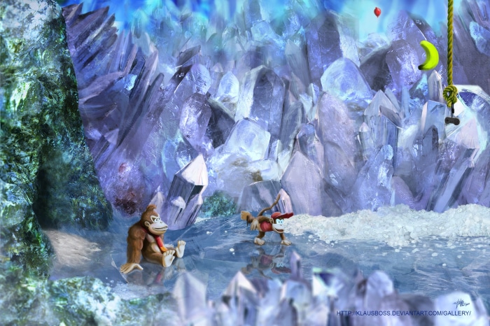 Donkey Kong and Diddy Kong in a crystal cave