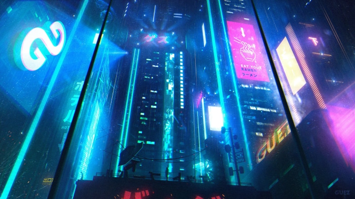 Cyberpunk Cityscape with Neon Signs