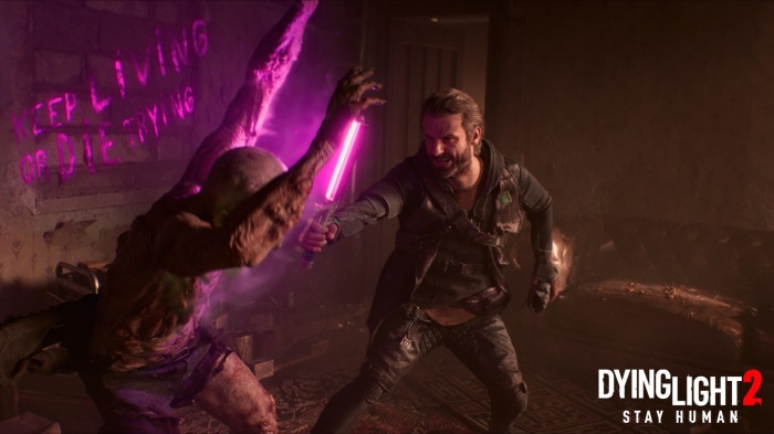 Aiden from Dying Light 2: Stay Human fights a zombie