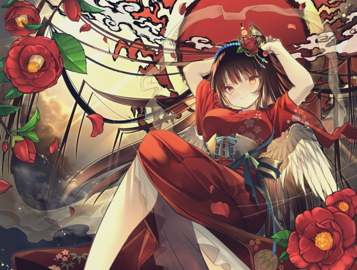 Girl in Red Kimono with Wings and Camellias