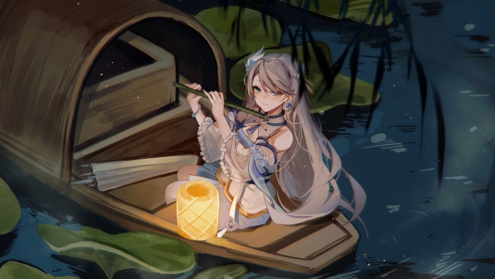 Girl playing flute in a boat with a lantern