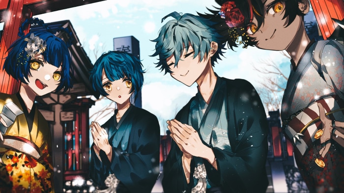 Xiangling, Xinyan, Chongyun, and Xingqiu from Genshin Impact
