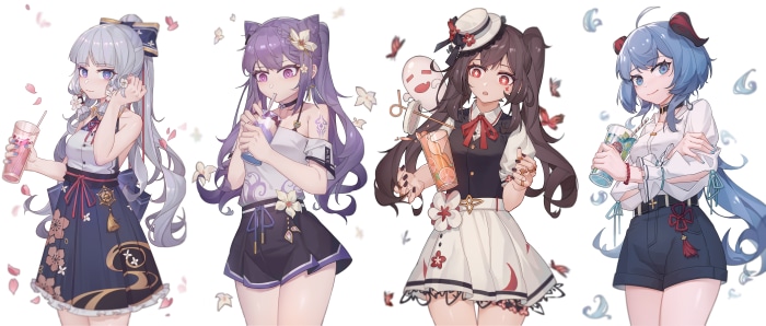 Kamisato Ayaka, Keqing, Hu Tao, and Ganyu from Genshin Impact