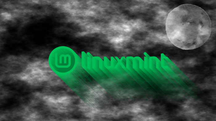 Linux Mint logo in front of clouds and moon