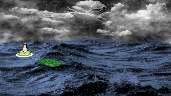 Linux Mint penguin in a boat during a storm
