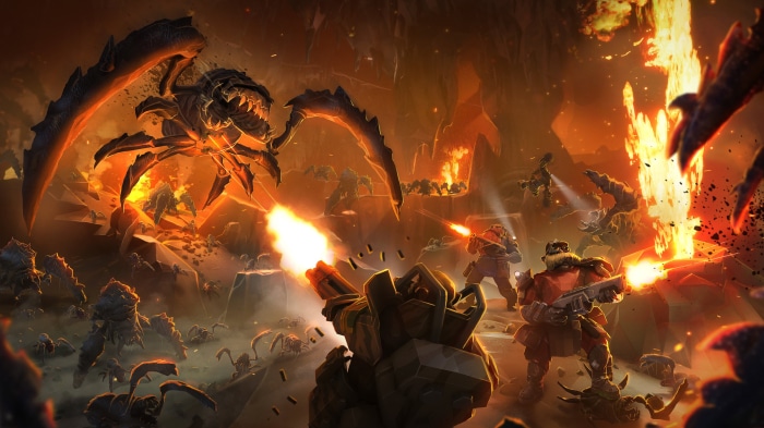 Deep Rock Galactic dwarves fighting alien bugs in a cave