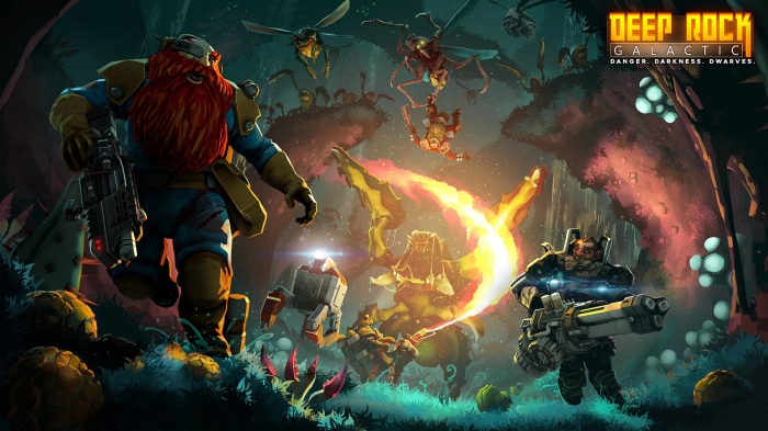 Deep Rock Galactic dwarves fighting alien bugs