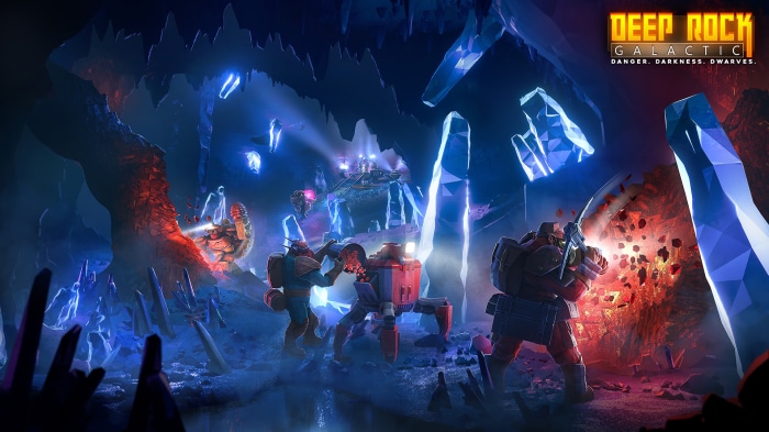 Deep Rock Galactic dwarves mining in a crystal cave