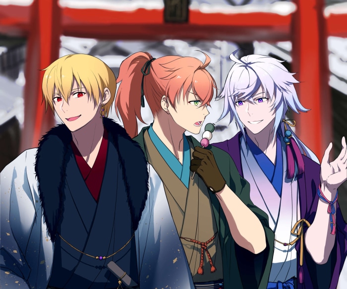 Three men in kimonos in front of a shrine
