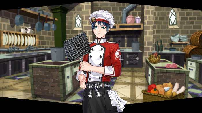 Deuce Spade from Twisted Wonderland in a kitchen
