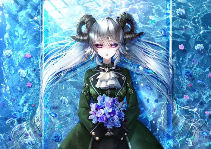 Girl with horns holding a bouquet of blue roses