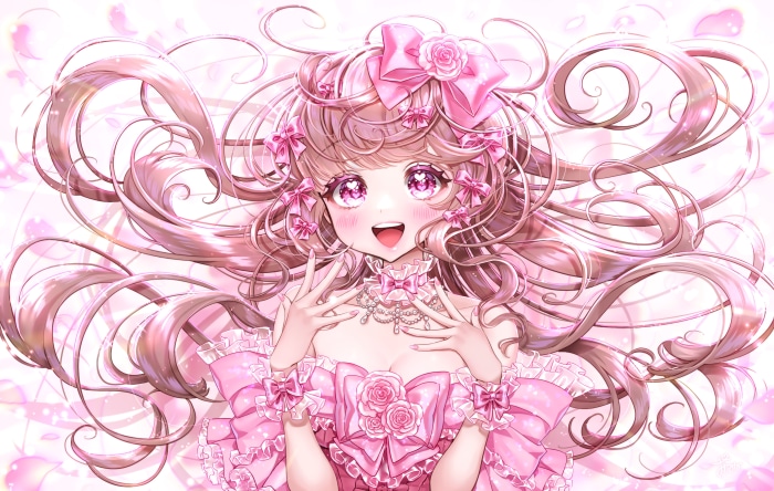 Anime girl with pink eyes and pink dress 4K