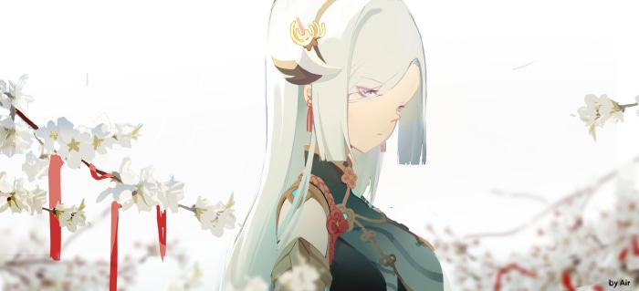 Shenhe from Genshin Impact with Cherry Blossoms