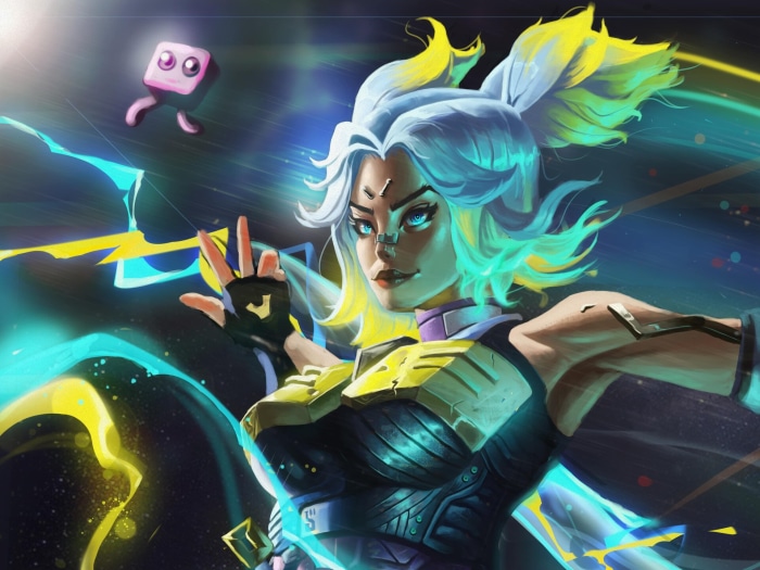 Neon from Valorant with a small pink creature