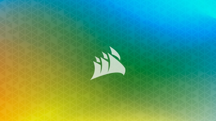 Corsair logo on a colorful geometric background