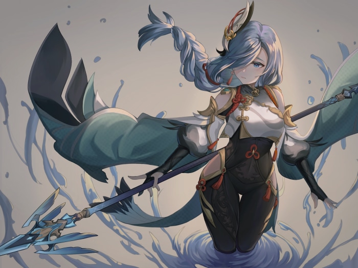 Shenhe from Genshin Impact with a spear