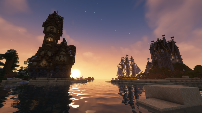 Minecraft medieval harbor with sunset