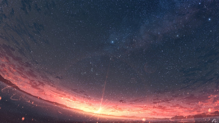 Starry night sky with sunrise over horizon