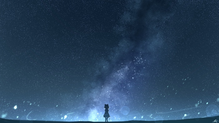 Girl with cat ears under a starry night sky