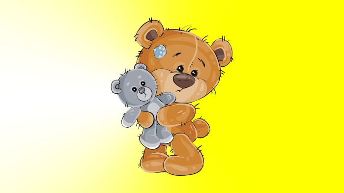 A brown teddy bear holding a small gray teddy bear