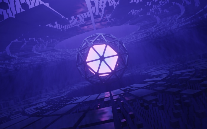 Abstract geometric sphere with glowing core in purple digital environment