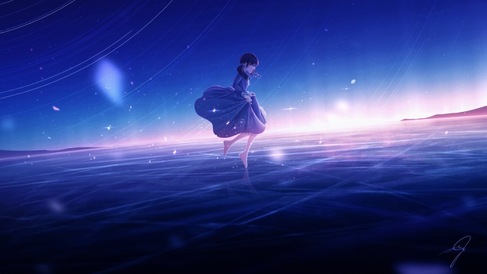 Girl in a blue dress floating in a starry sky