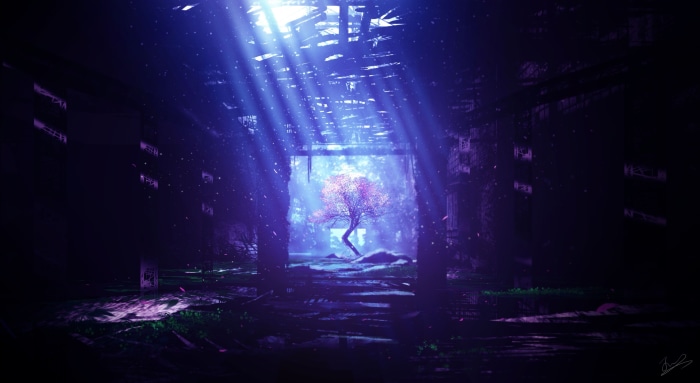 Tree in a ruined building with light rays