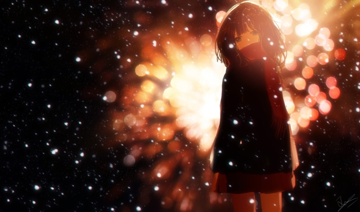 Girl in Scarf with Fireworks