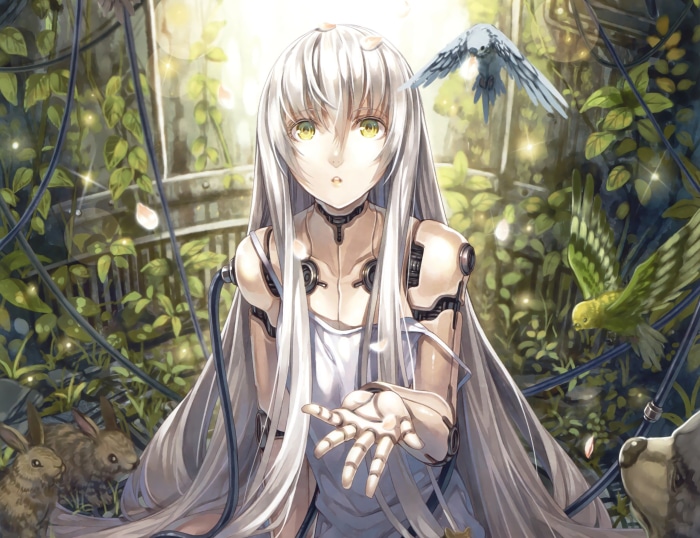 Sci-Fi Cyborg Girl with Animals and Birds