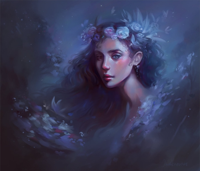 Fantasy woman with flower crown in dark forest