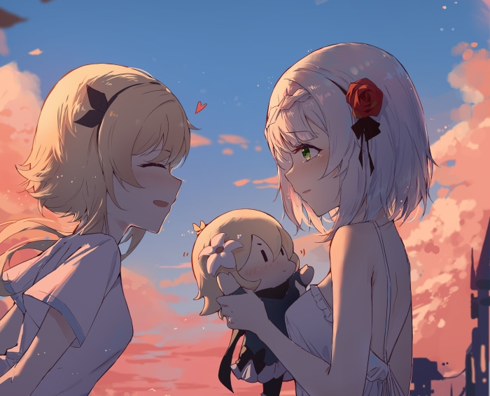 Lumine and Noelle from Genshin Impact with plush