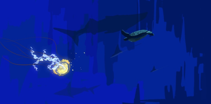 Underwater scene with jellyfish, turtle, and sharks