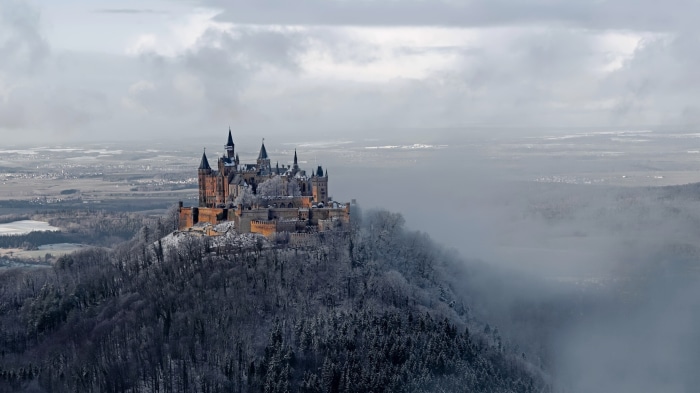 Hohenzollern Castle in Germany on a misty winter day