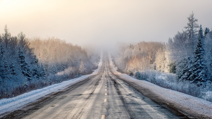 Winter road through snowy forest with fog