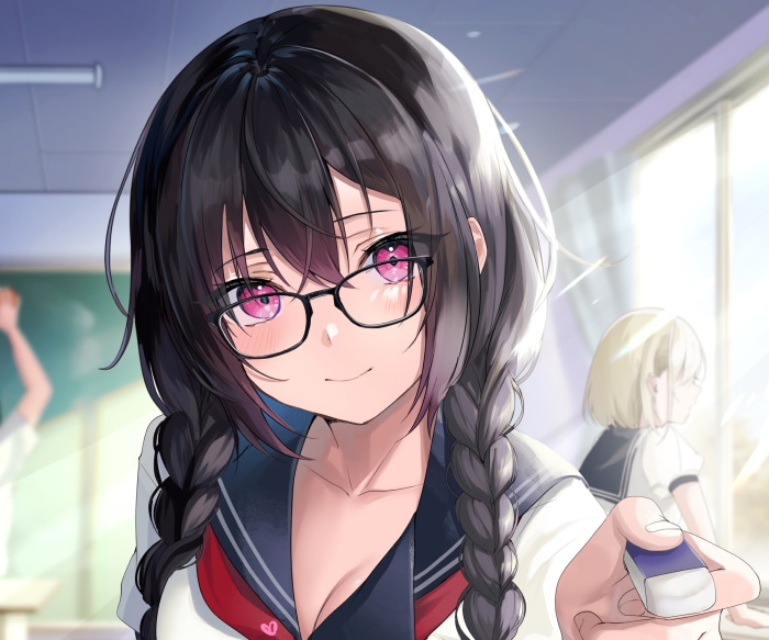 Anime girl with pink eyes and glasses in classroom