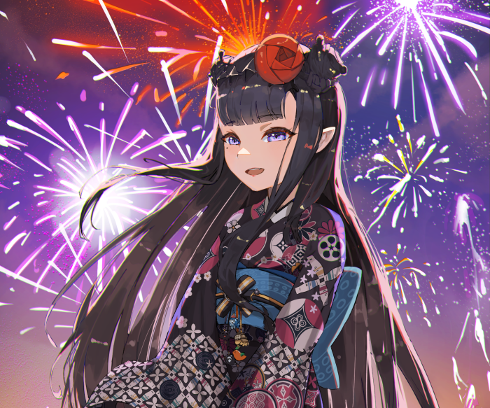 Ninomae Ina'nis from Hololive wearing a Kimono with Fireworks