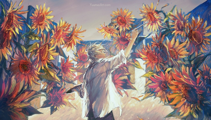 Boy painting sunflowers